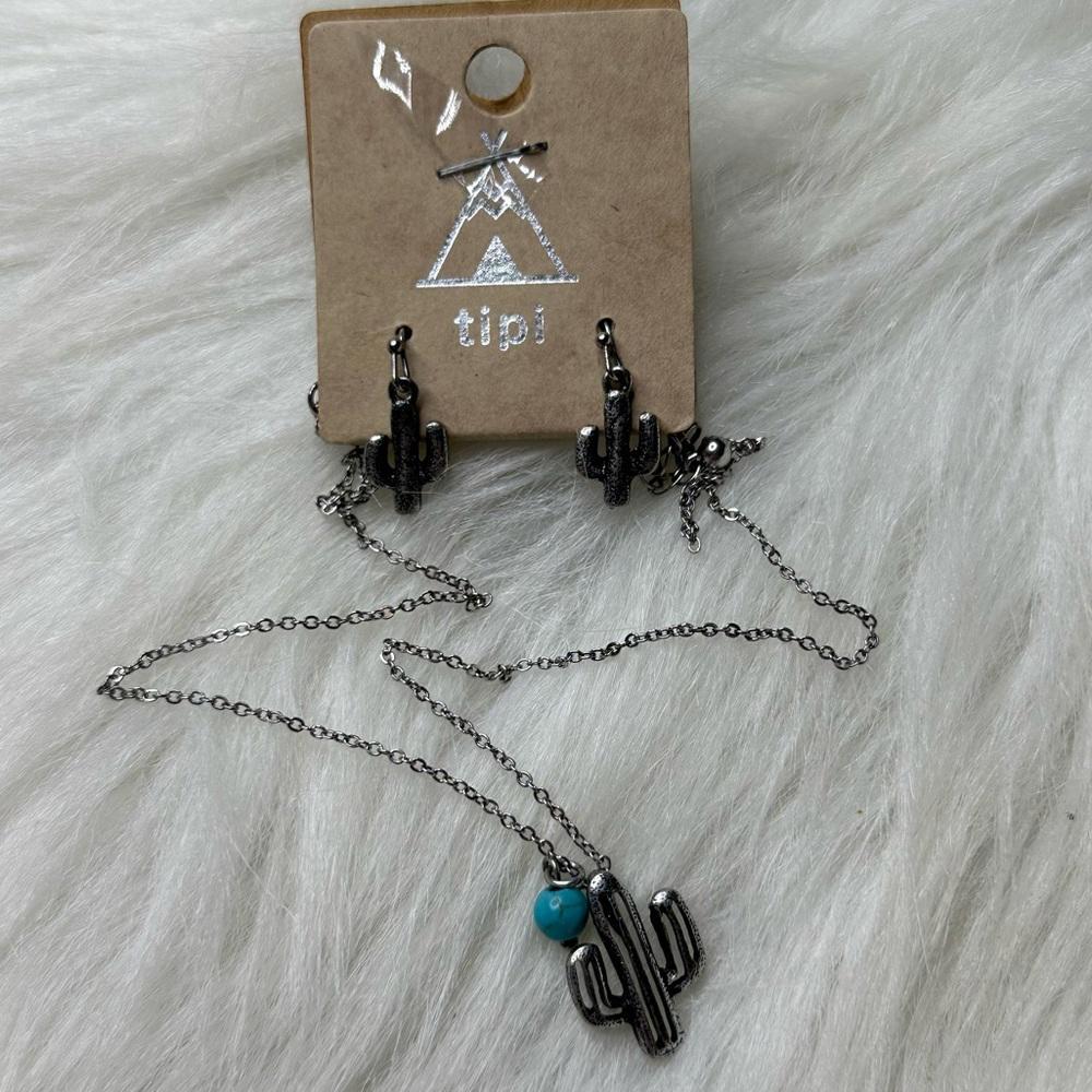 Tipi Cactus Jewelry Set - Necklace And Earrings Silver